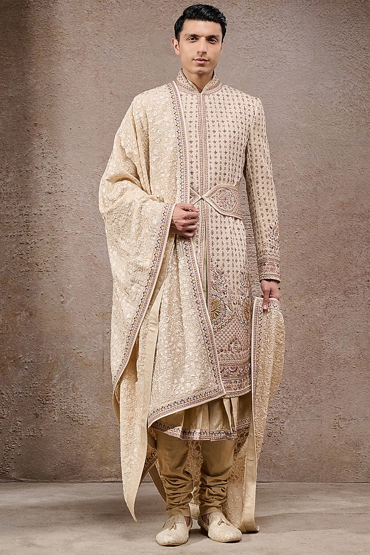 Beige Double Georgette Thread Embroidered Groom Sherwani Set by Tarun Tahiliani Men at Pernia's Pop Up Shop