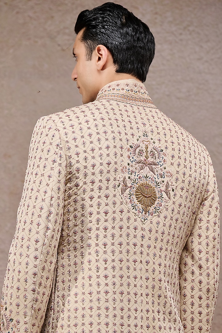 Beige Double Georgette Thread Embroidered Groom Sherwani Set by Tarun Tahiliani Men at Pernia's Pop Up Shop