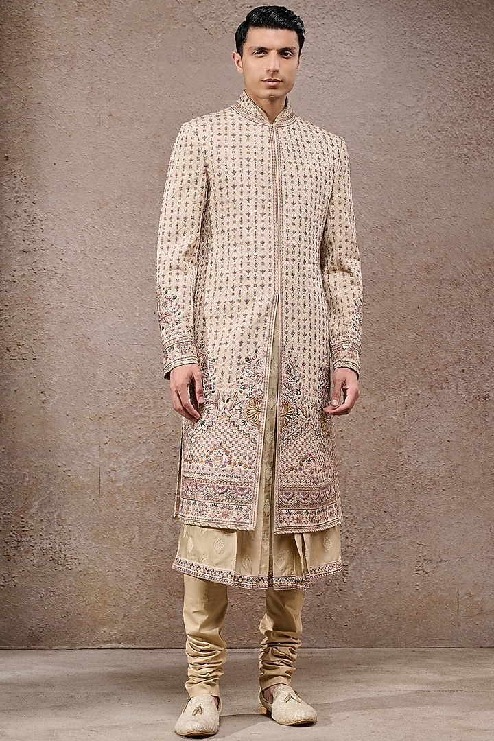 Beige Double Georgette Thread Embroidered Groom Sherwani Set by Tarun Tahiliani Men at Pernia's Pop Up Shop