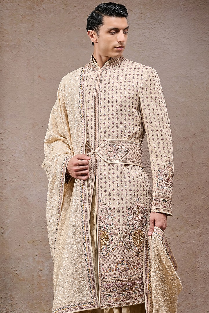 Beige Double Georgette Thread Embroidered Groom Sherwani Set by Tarun Tahiliani Men at Pernia's Pop Up Shop