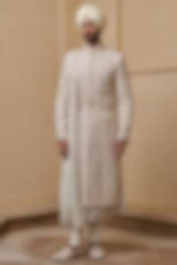 Ivory Georgette Zari Thread & Pearl Embellished Groom Sherwani Set by Tarun Tahiliani Men at Pernia's Pop Up Shop