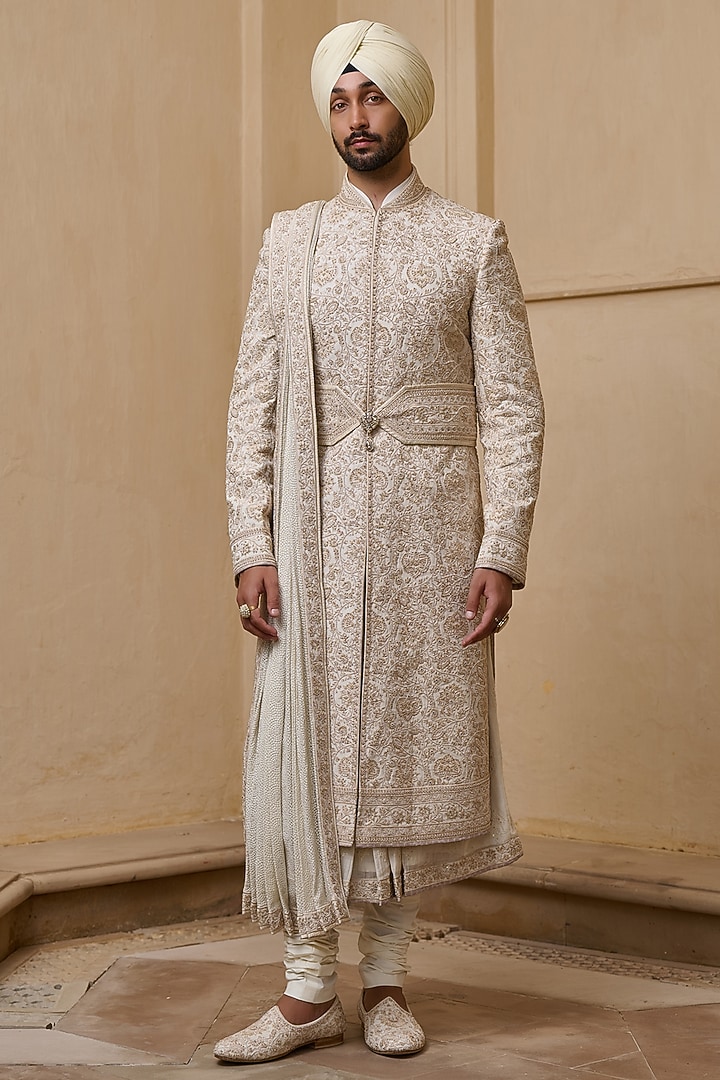 Ivory Georgette Zari Thread & Pearl Embellished Groom Sherwani Set by Tarun Tahiliani Men at Pernia's Pop Up Shop
