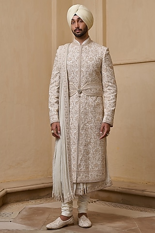 Ivory Georgette Zari Thread & Pearl Embellished Sherwani Set by Tarun Tahiliani Men