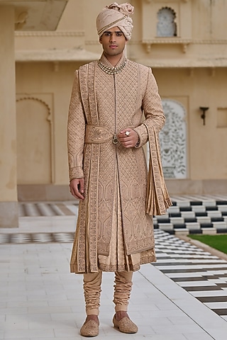 Gold Georgette Zari & Thread Embellished Sherwani Set by Tarun Tahiliani Men