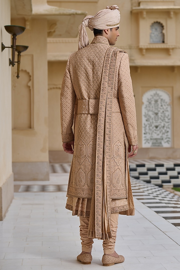Gold Georgette Zari & Thread Embellished Groom Sherwani Set by Tarun Tahiliani Men at Pernia's Pop Up Shop