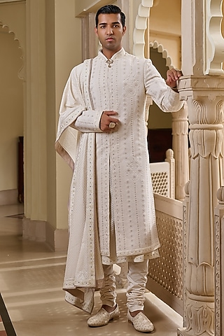 Ivory Georgette Chikankari & Diamond Embroidered Sherwani Set by Tarun Tahiliani Men