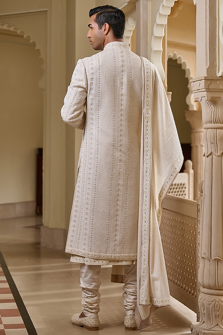 Ivory Georgette Chikankari & Diamond Embroidered Groom Sherwani Set by Tarun Tahiliani Men at Pernia's Pop Up Shop