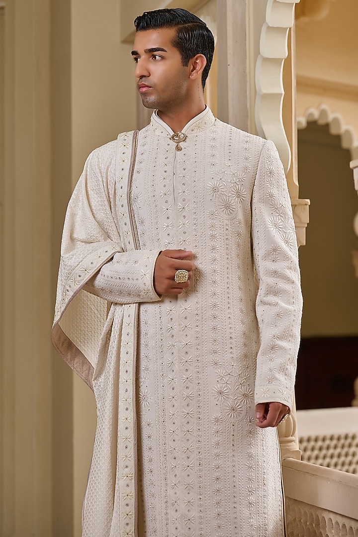 Ivory Georgette Chikankari & Diamond Embroidered Groom Sherwani Set by Tarun Tahiliani Men at Pernia's Pop Up Shop