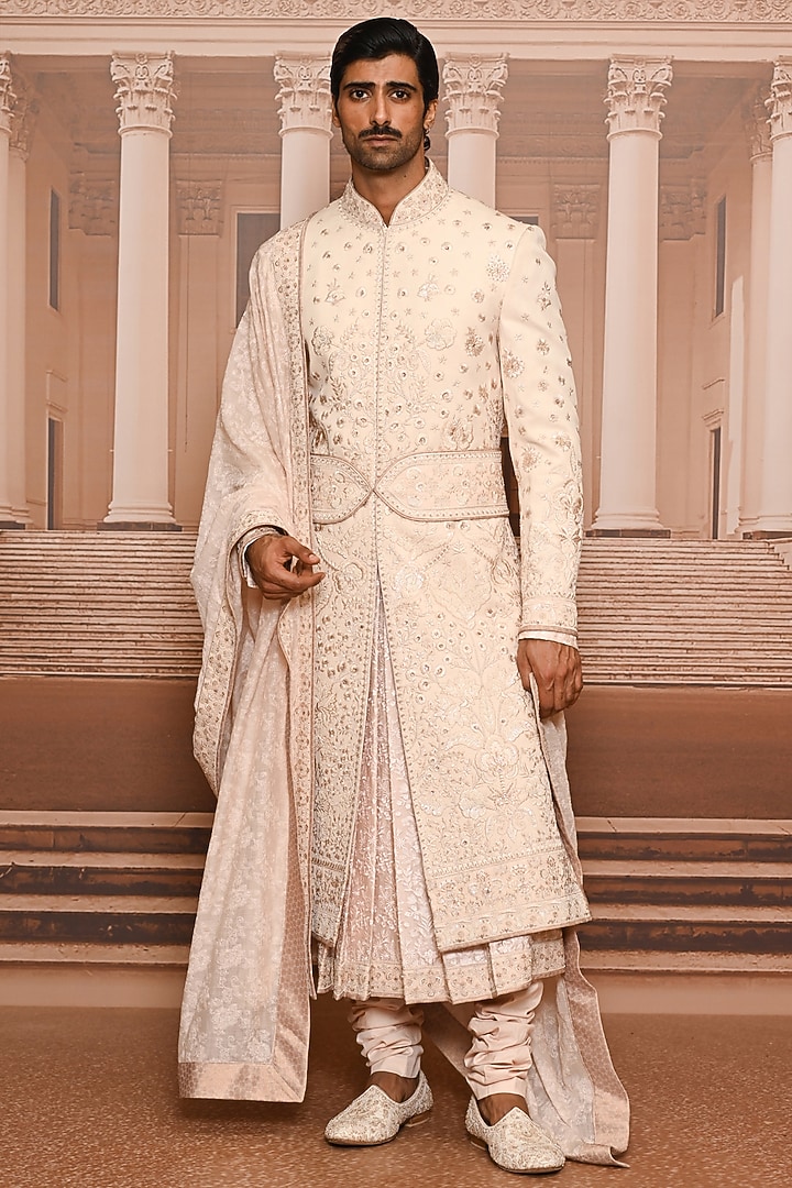 Salmon-Colored Georgette Embroidered Groom Sherwani Set by Tarun Tahiliani Men at Pernia's Pop Up Shop