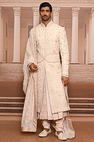 Salmon-Colored Georgette Embroidered Sherwani Set by Tarun Tahiliani Men