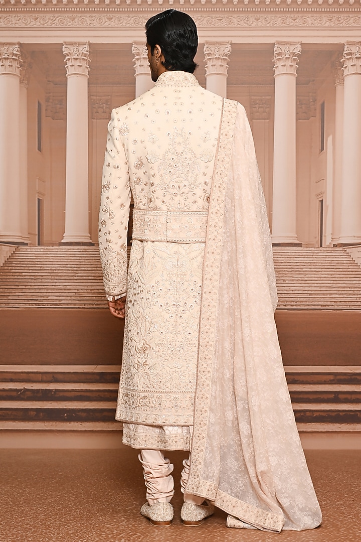 Salmon-Colored Georgette Embroidered Groom Sherwani Set by Tarun Tahiliani Men at Pernia's Pop Up Shop