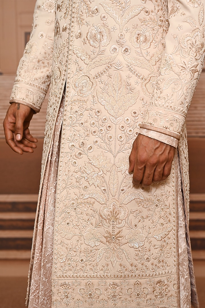 Salmon-Colored Georgette Embroidered Groom Sherwani Set by Tarun Tahiliani Men at Pernia's Pop Up Shop