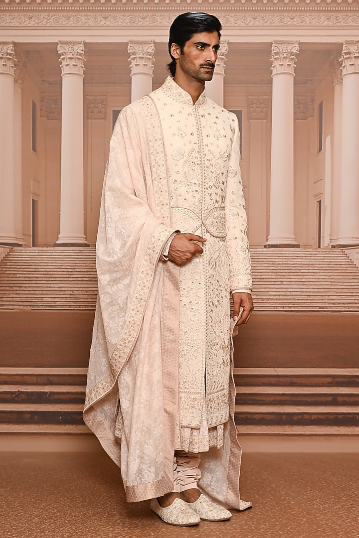 Salmon-Colored Georgette Embroidered Groom Sherwani Set by Tarun Tahiliani Men at Pernia's Pop Up Shop