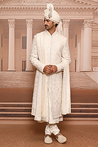 Ivory Matka Silk Sequins Embroidered Sherwani Set by Tarun Tahiliani Men