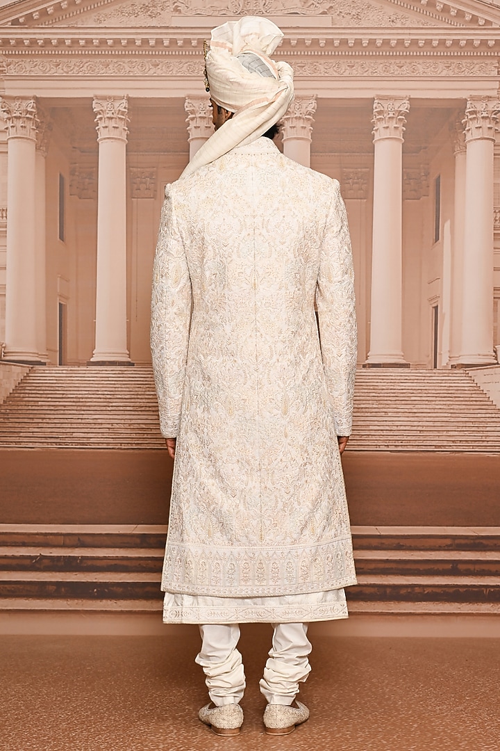 Ivory Matka Silk Sequins Embroidered Groom Sherwani Set by Tarun Tahiliani Men at Pernia's Pop Up Shop