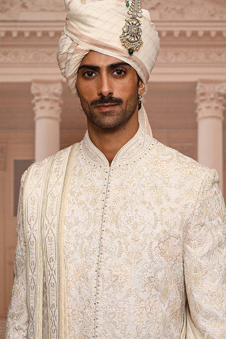 Ivory Matka Silk Sequins Embroidered Groom Sherwani Set by Tarun Tahiliani Men at Pernia's Pop Up Shop