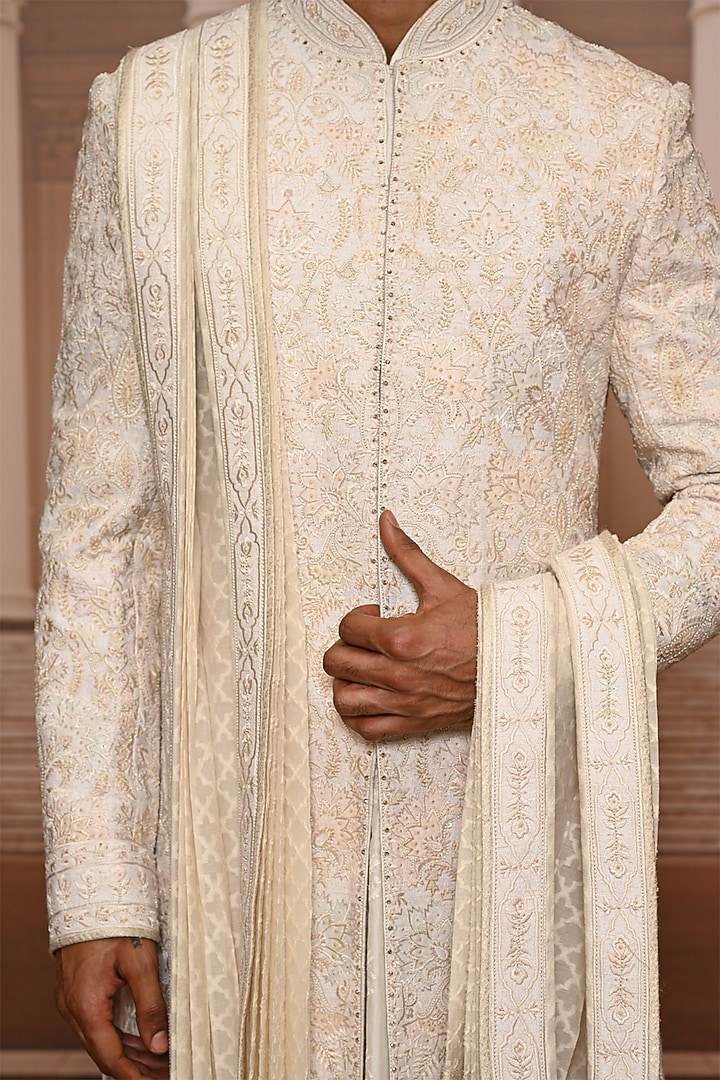 Ivory Matka Silk Sequins Embroidered Groom Sherwani Set by Tarun Tahiliani Men at Pernia's Pop Up Shop