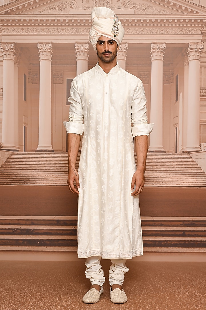 Ivory Matka Silk Sequins Embroidered Groom Sherwani Set by Tarun Tahiliani Men at Pernia's Pop Up Shop