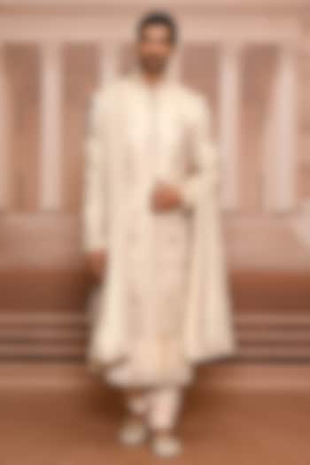 Gold Silk Brocade Sequins Embroidered Groom Sherwani Set by Tarun Tahiliani Men at Pernia's Pop Up Shop