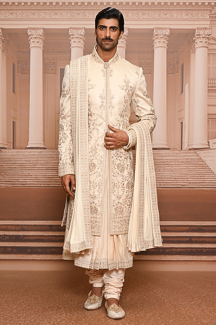 Gold Silk Brocade Sequins Embroidered Groom Sherwani Set by Tarun Tahiliani Men at Pernia's Pop Up Shop