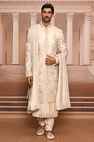 Gold Silk Brocade Sequins Embroidered Sherwani Set by Tarun Tahiliani Men