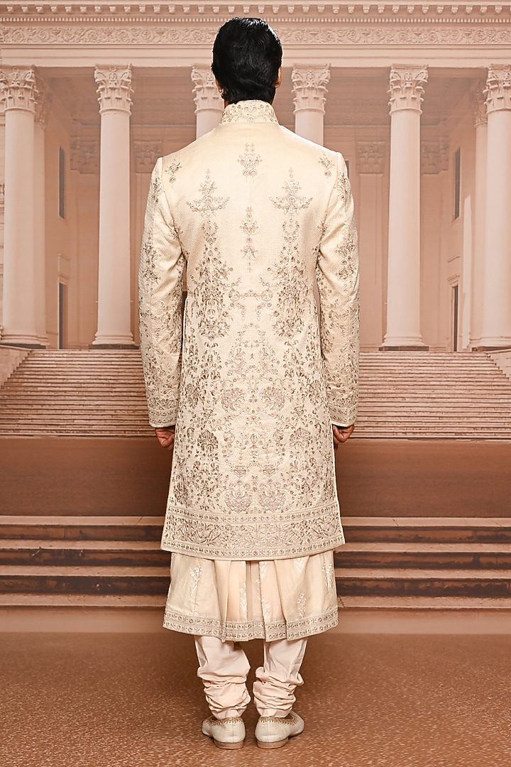 Gold Silk Brocade Sequins Embroidered Groom Sherwani Set by Tarun Tahiliani Men at Pernia's Pop Up Shop