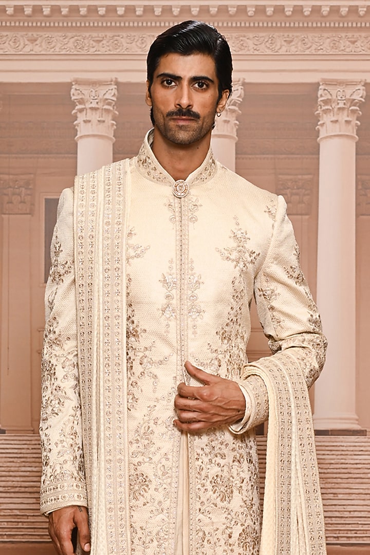 Gold Silk Brocade Sequins Embroidered Groom Sherwani Set by Tarun Tahiliani Men at Pernia's Pop Up Shop