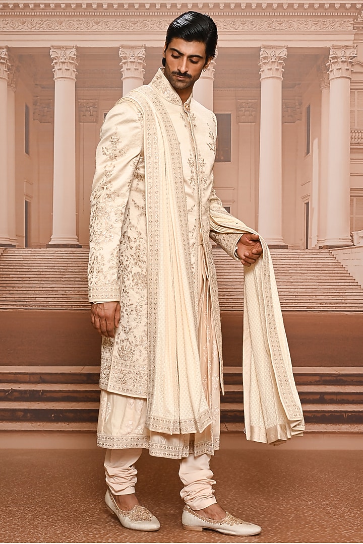 Gold Silk Brocade Sequins Embroidered Groom Sherwani Set by Tarun Tahiliani Men at Pernia's Pop Up Shop