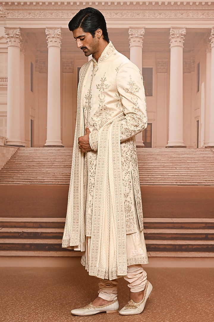 Gold Silk Brocade Sequins Embroidered Groom Sherwani Set by Tarun Tahiliani Men at Pernia's Pop Up Shop