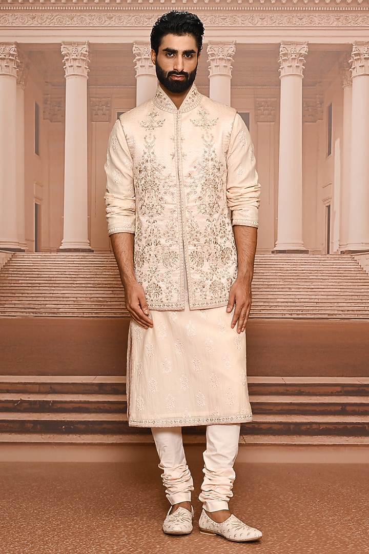 Salmon-Colored Brocade Sequins Embroidered Waistcoat Set by Tarun Tahiliani Men at Pernia's Pop Up Shop