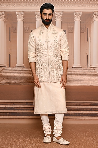 Salmon-Colored Brocade Sequins Embroidered Waistcoat Set by Tarun Tahiliani Men