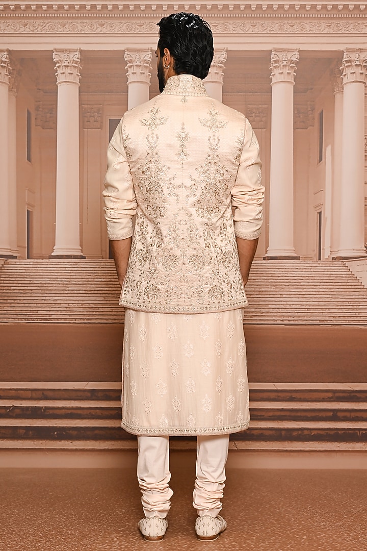 Salmon-Colored Brocade Sequins Embroidered Waistcoat Set by Tarun Tahiliani Men at Pernia's Pop Up Shop