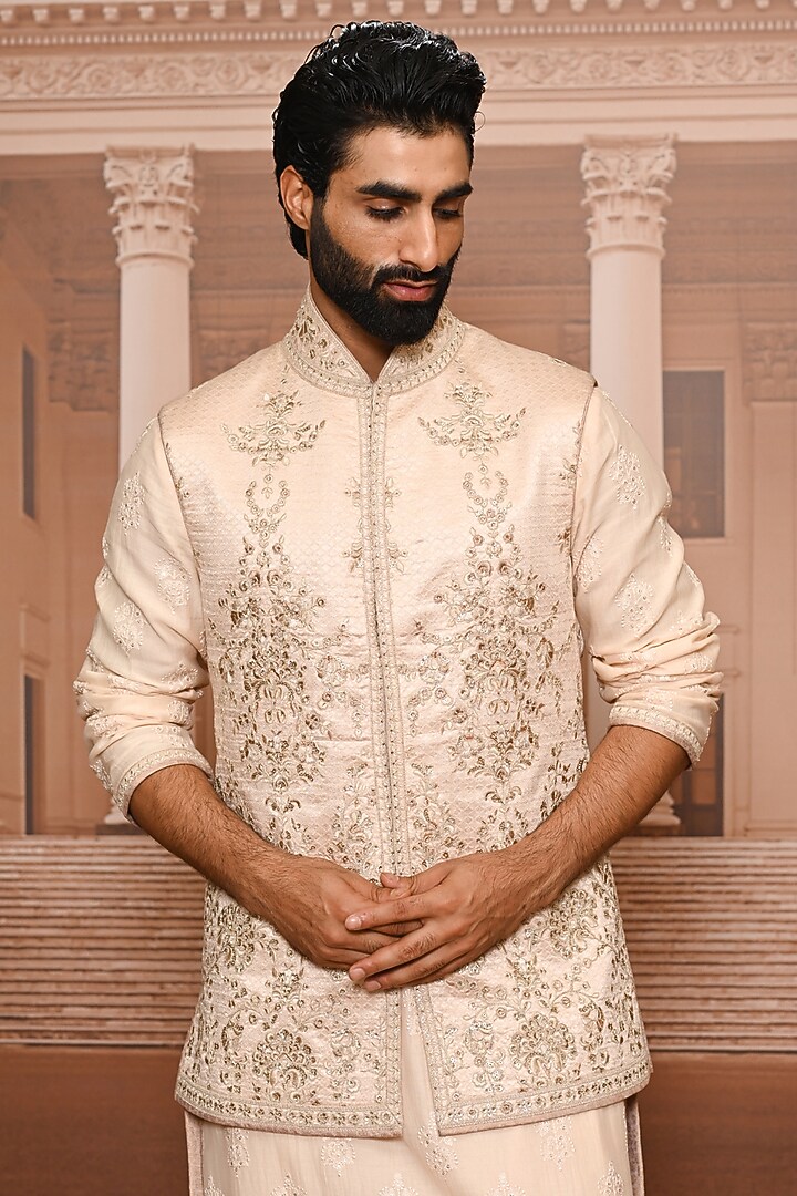 Salmon-Colored Brocade Sequins Embroidered Waistcoat Set by Tarun Tahiliani Men at Pernia's Pop Up Shop