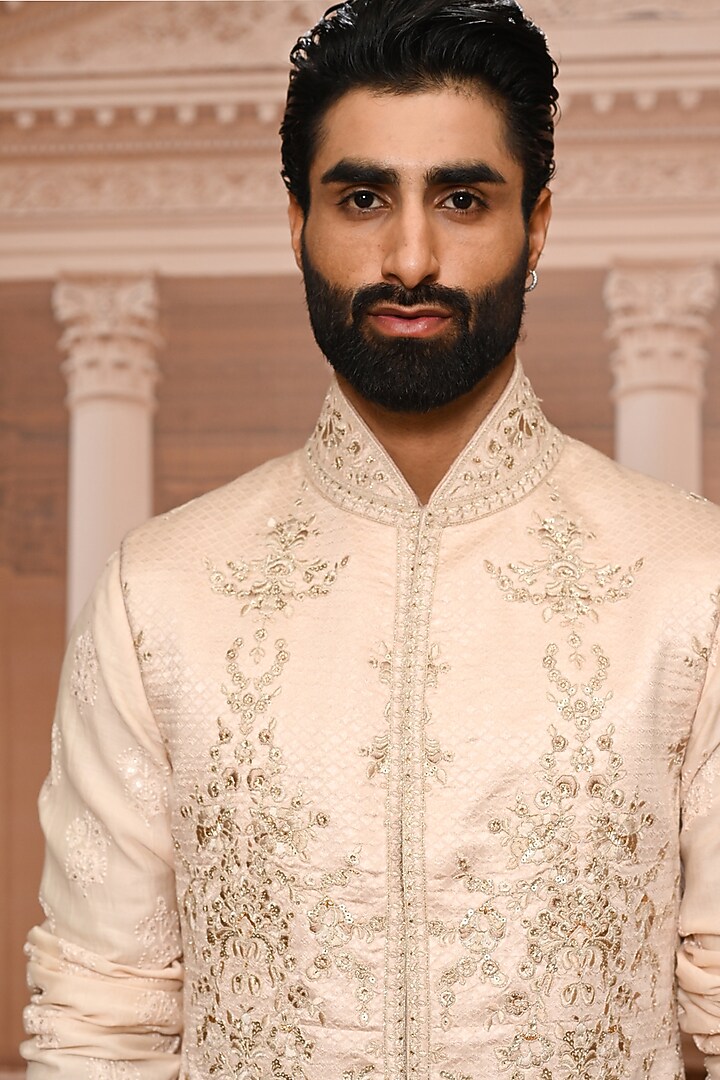 Salmon-Colored Brocade Sequins Embroidered Waistcoat Set by Tarun Tahiliani Men at Pernia's Pop Up Shop