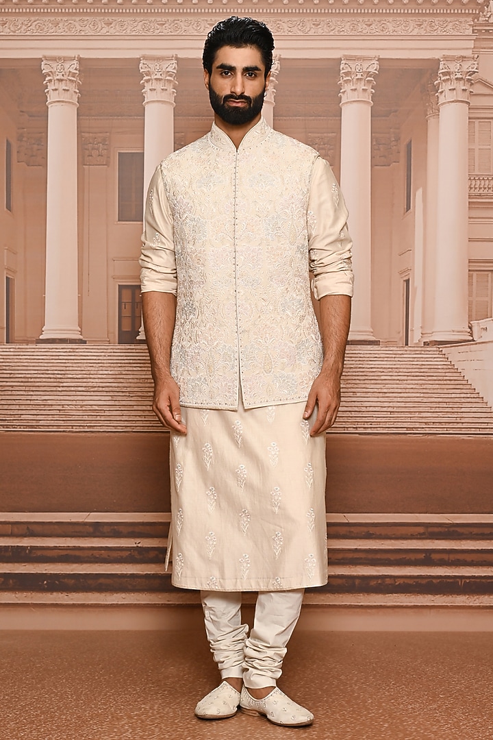 Beige Georgette Sequins Embroidered Waistcoat Set by Tarun Tahiliani Men at Pernia's Pop Up Shop