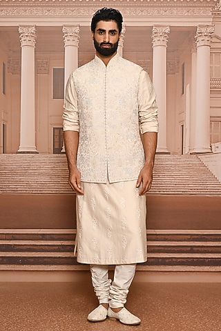 Beige Georgette Sequins Embroidered Waistcoat Set by Tarun Tahiliani Men