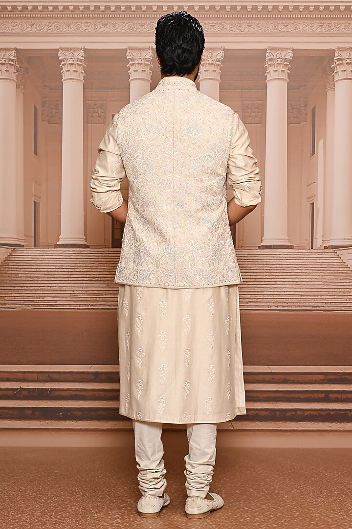 Beige Georgette Sequins Embroidered Waistcoat Set by Tarun Tahiliani Men at Pernia's Pop Up Shop