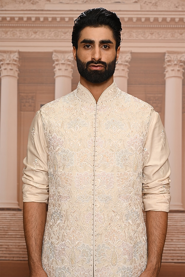 Beige Georgette Sequins Embroidered Waistcoat Set by Tarun Tahiliani Men at Pernia's Pop Up Shop