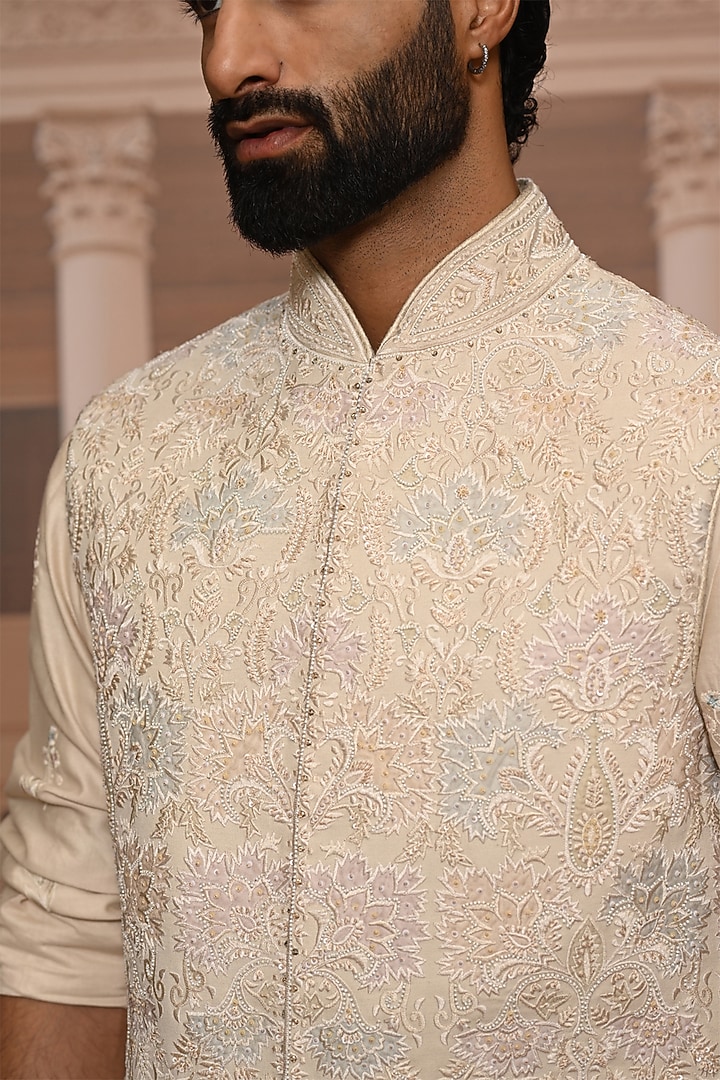 Beige Georgette Sequins Embroidered Waistcoat Set by Tarun Tahiliani Men at Pernia's Pop Up Shop