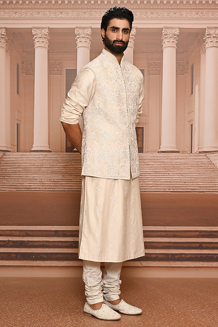 Beige Georgette Sequins Embroidered Waistcoat Set by Tarun Tahiliani Men at Pernia's Pop Up Shop