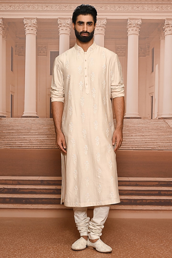 Beige Georgette Sequins Embroidered Waistcoat Set by Tarun Tahiliani Men at Pernia's Pop Up Shop