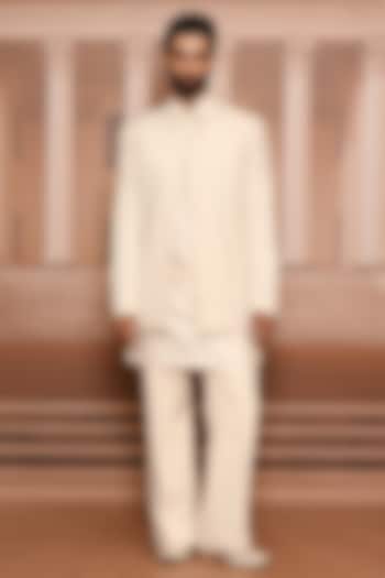 Ivory Cotton Threadwork Groom Bandhgala Set by Tarun Tahiliani Men at Pernia's Pop Up Shop