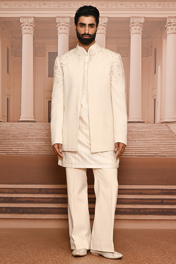 Ivory Cotton Threadwork Groom Bandhgala Set by Tarun Tahiliani Men at Pernia's Pop Up Shop