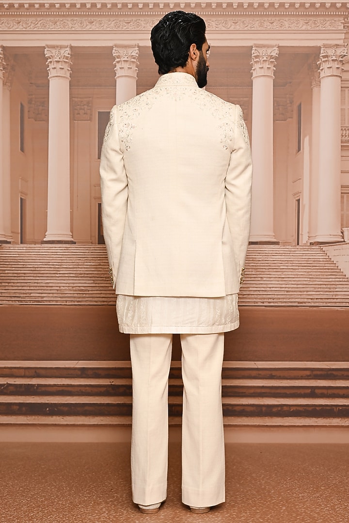 Ivory Cotton Threadwork Groom Bandhgala Set by Tarun Tahiliani Men at Pernia's Pop Up Shop