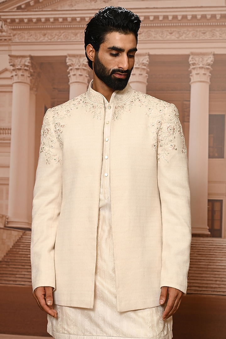Ivory Cotton Threadwork Groom Bandhgala Set by Tarun Tahiliani Men at Pernia's Pop Up Shop