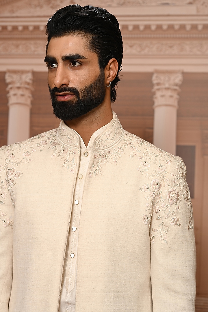 Ivory Cotton Threadwork Groom Bandhgala Set by Tarun Tahiliani Men at Pernia's Pop Up Shop