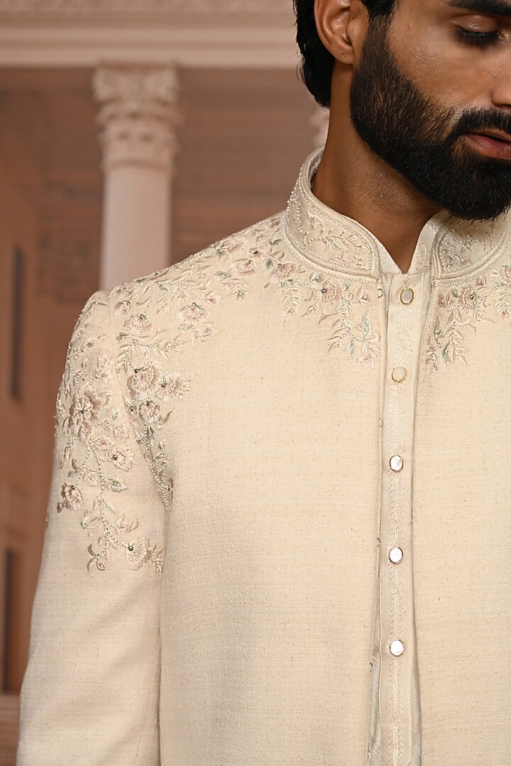 Ivory Cotton Threadwork Groom Bandhgala Set by Tarun Tahiliani Men at Pernia's Pop Up Shop