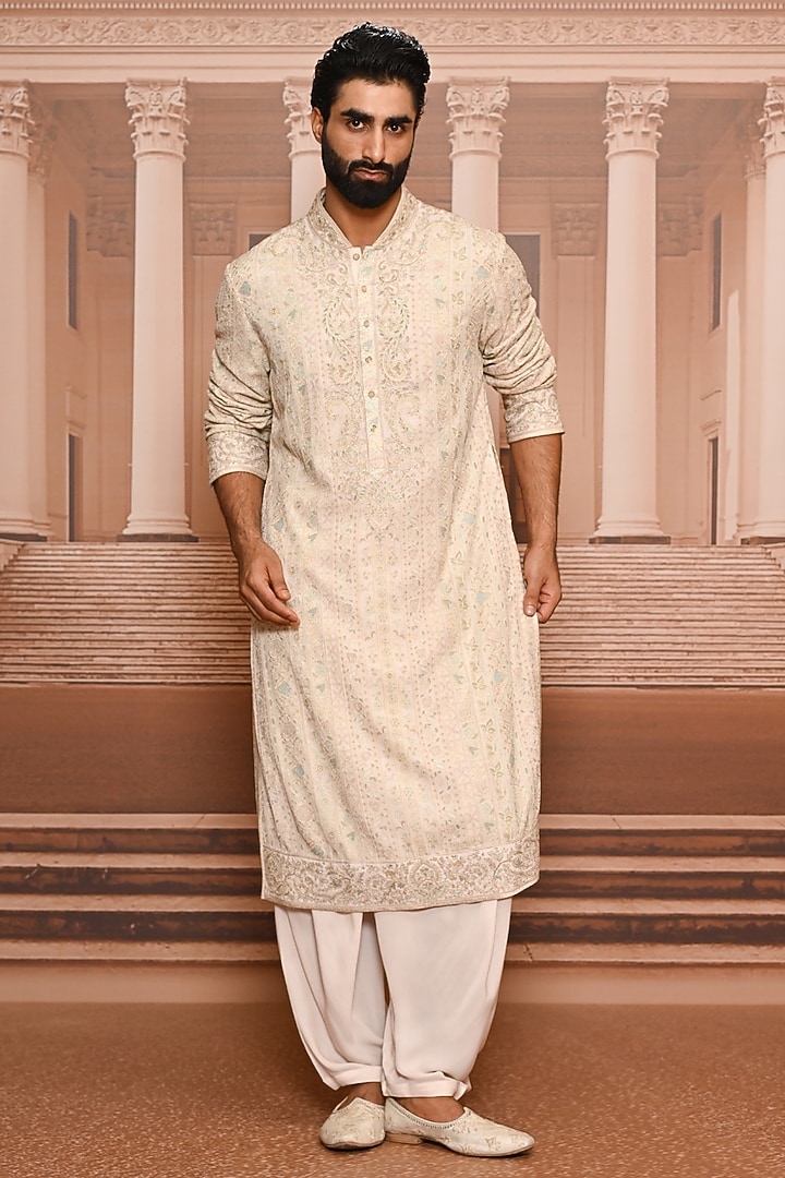 Ivory Georgette Artwork Kurta Set by Tarun Tahiliani Men at Pernia's Pop Up Shop