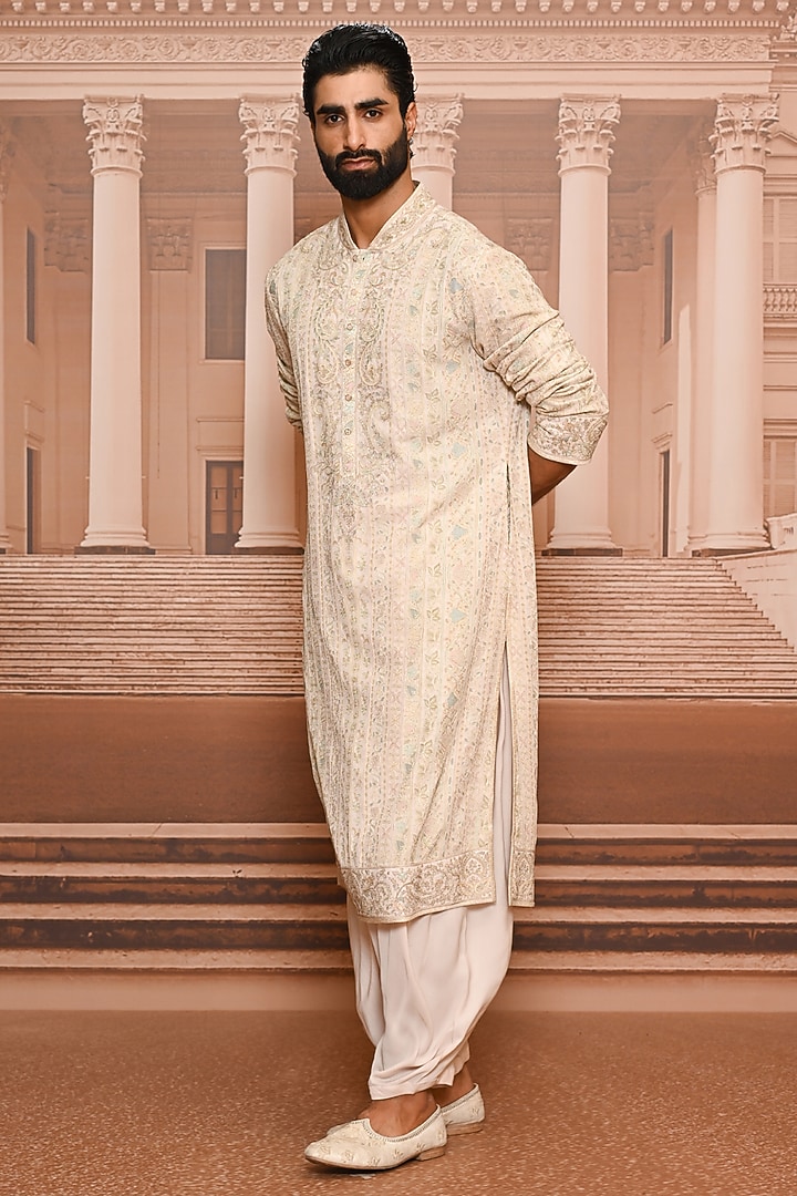 Ivory Georgette Artwork Kurta Set by Tarun Tahiliani Men at Pernia's Pop Up Shop