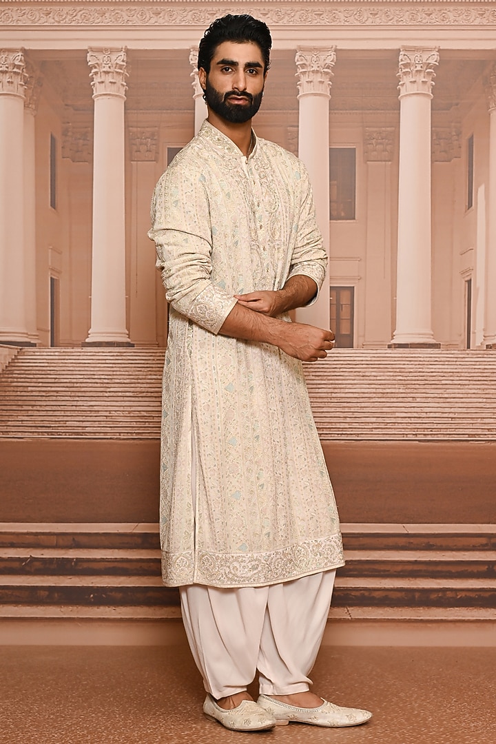 Ivory Georgette Artwork Kurta Set by Tarun Tahiliani Men at Pernia's Pop Up Shop